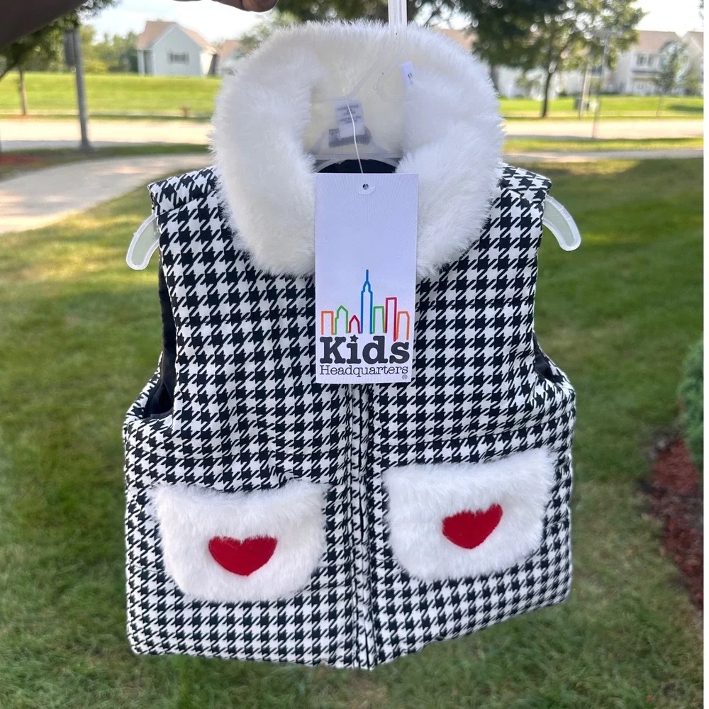 Kids Headquarters Baby Girl Houndstooth Faux Fur Puffer Vest Size 12 Months NWT